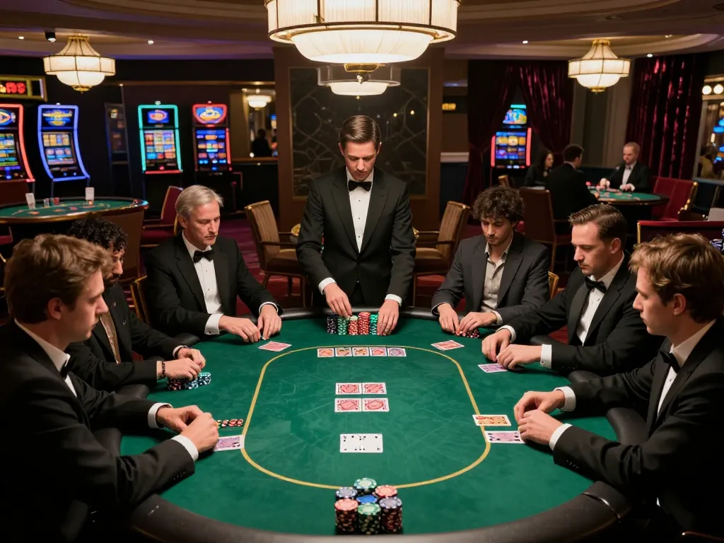 SC88 poker game in luxury casino, players engaged with cards and chips, sophisticated atmosphere