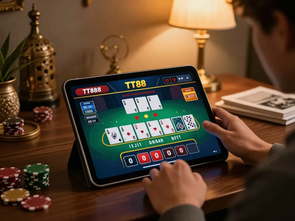 Player engaging in TT88 online blackjack on tablet, showcasing strategy and excitement in a cozy setting.