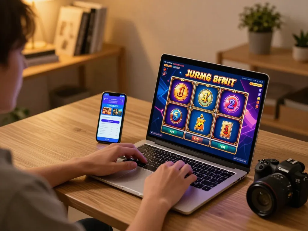Player enjoying JUN88 slot games on a laptop at home, showcasing a dynamic and engaging online gaming atmosphere.