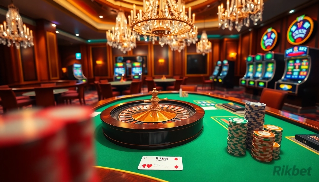 rikbet online gambling scene with elegant casino tables and sparkling roulette wheel.
