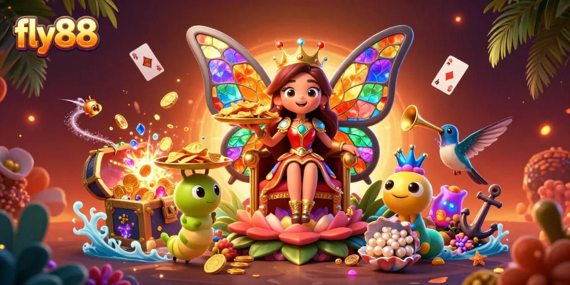 Engage with fly88's vibrant 3D illustration, showcasing a casino experience with treasure and games.