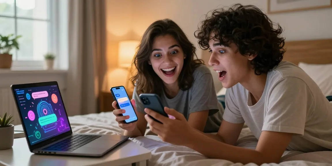 Young couple enjoying an ai sex chat in a cozy bedroom, showcasing interactive smartphone screens and intimate ambiance.