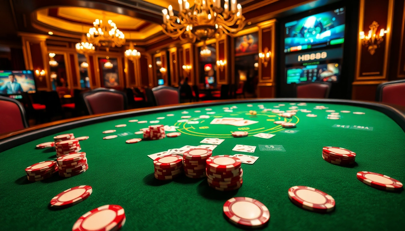 Engage in thrilling HB88 poker action at a luxurious table, showcasing vibrant chips and intense gameplay.