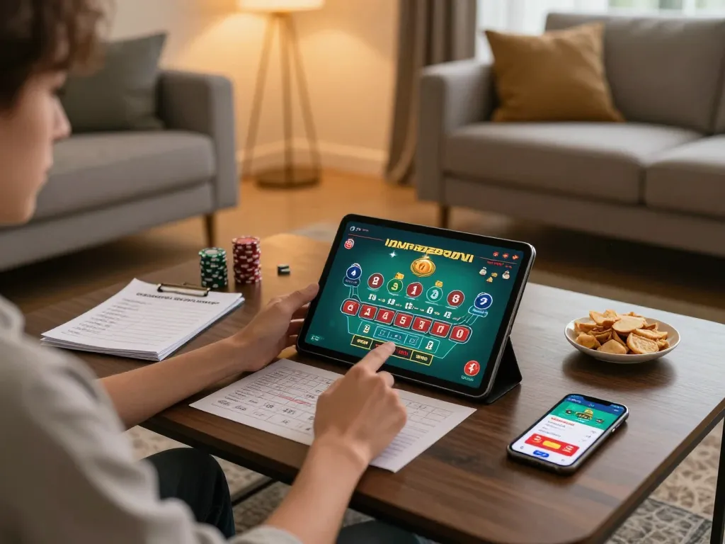 Person enjoying xx88 baccarat gameplay on tablet, showcasing strategic notes and snacks in cozy home setting.
