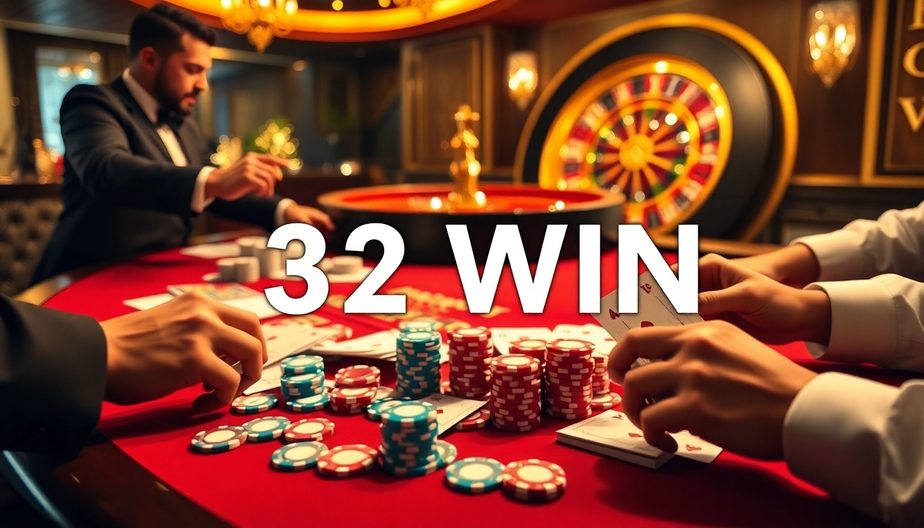 32WIN casino scene with poker chips, playing cards, and a roulette wheel, capturing excitement and luxury.