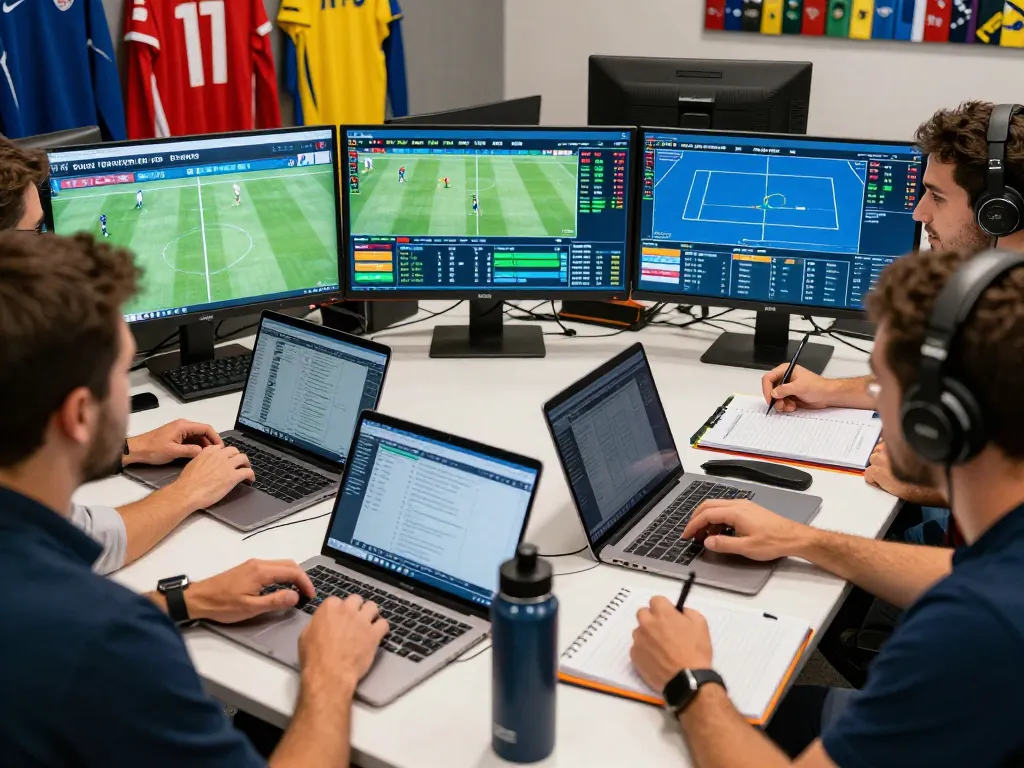 Sports analysts at Bongdalu collaborating on real-time data analytics for various sports matches.