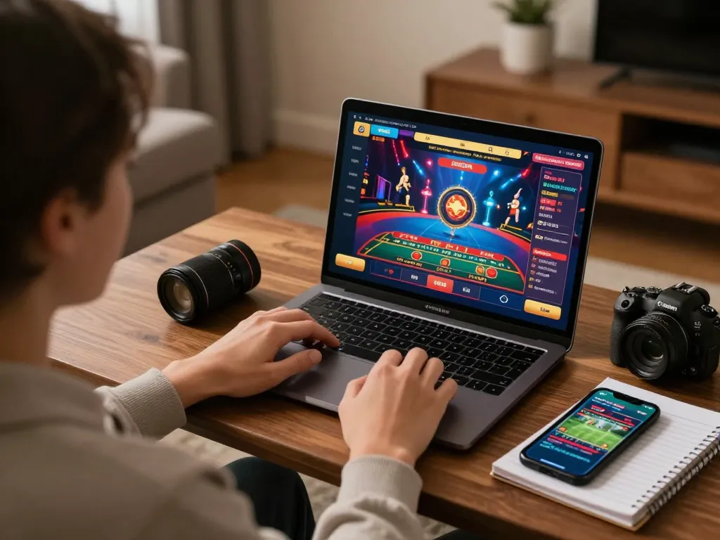 Engaging in online gaming through FLY88 with a cozy setup showcasing live dealer games