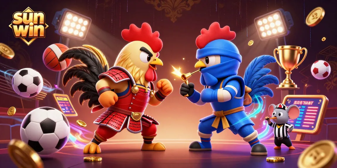 Bet on thrilling matches with sun win's vibrant 3D illustration featuring dynamic characters and sports elements.