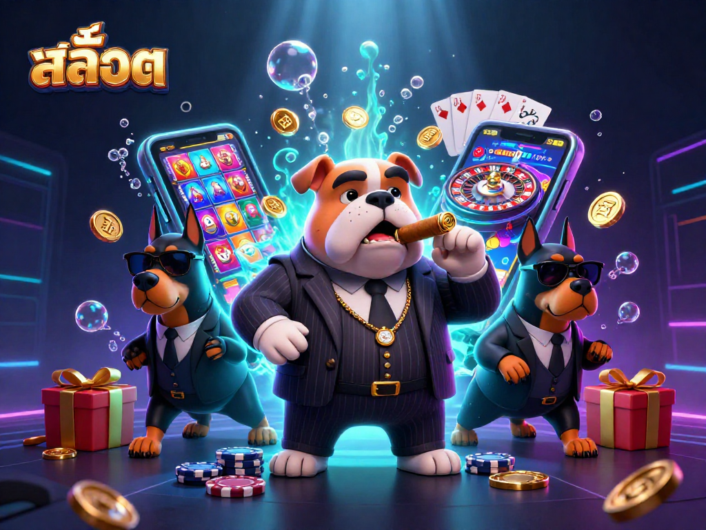 Players spin vibrant สล็อต reels with a mafia boss cartoon surrounded by golden coins and casino elements.