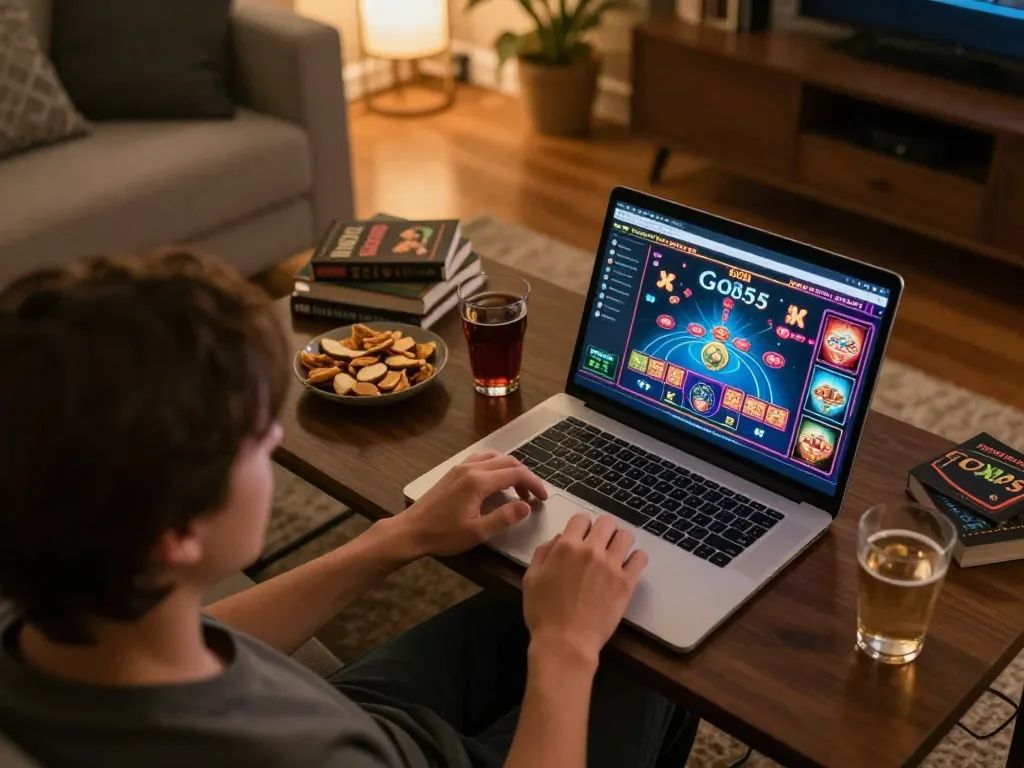 Player engaging in online casino gameplay on God55 platform at home with vibrant game interface, snacks on table