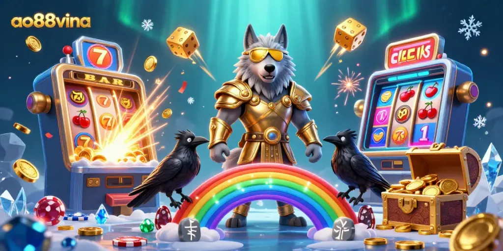 Experience the excitement of ao88vina with a vibrant scene filled with jackpot slot machines and glowing elements.