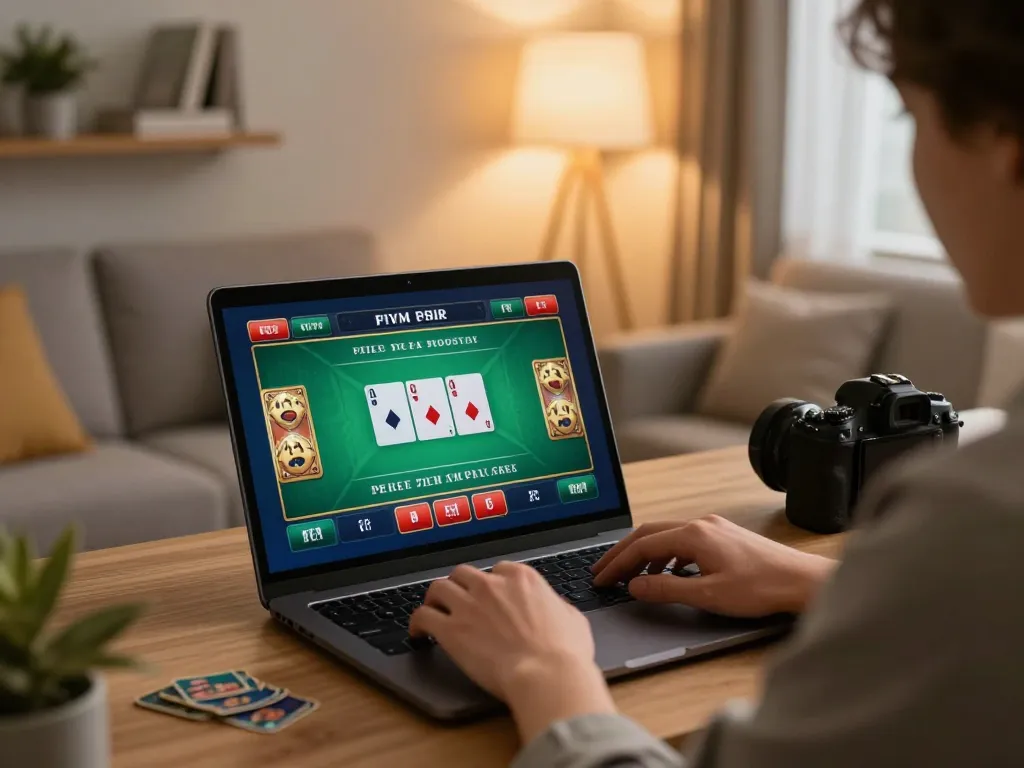 KUBET player engaging in live casino gaming on a laptop in a cozy setting, showcasing strategic play.