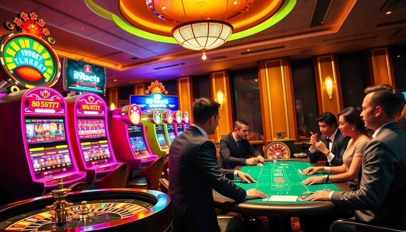i9bet players enjoying an exciting casino environment with vibrant slot machines and poker tables.