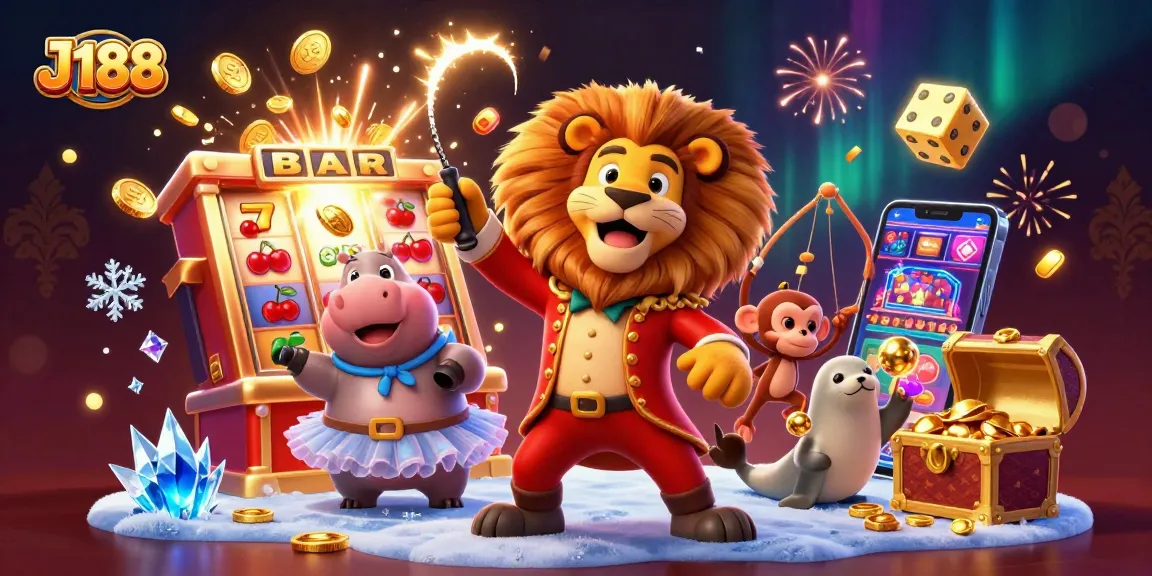 Spin and win with J188 in this vibrant 3D casino explosion, featuring playful characters and jackpot symbols.