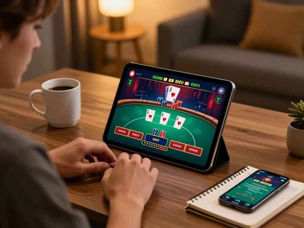 Engaging online poker gameplay at home, showcasing va88 tablet interface, strategic notes, and immersive atmosphere.