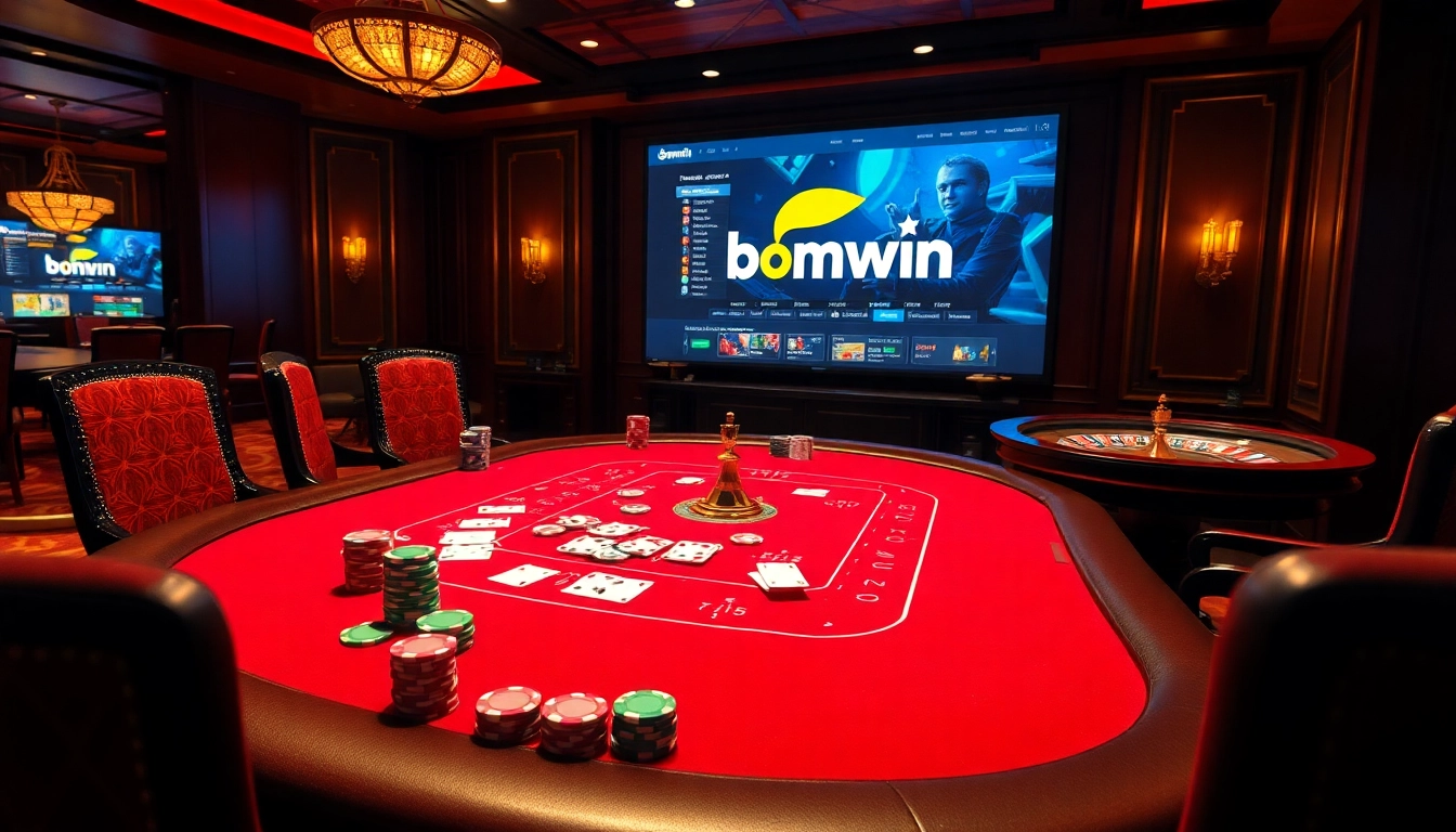 Experience thrilling gameplay at Bomwin's luxurious casino tables surrounded by colorful chips and cards.