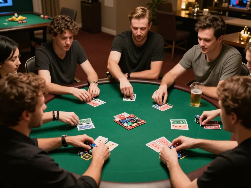 Players enjoying a home poker night, decoding strategies in giải mã số học.