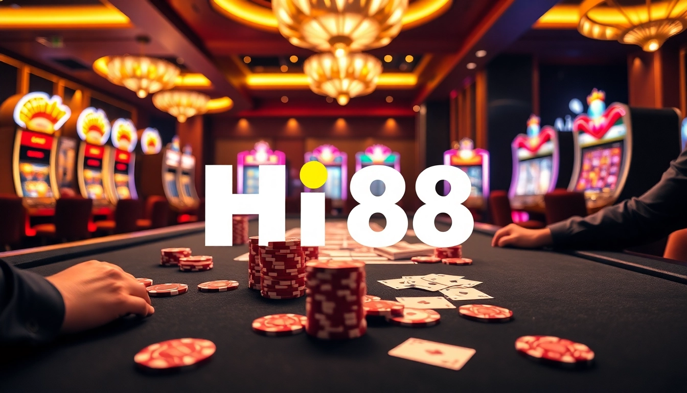 Experience the excitement of Hi88 with a vibrant casino scene featuring colorful slot machines and poker tables.