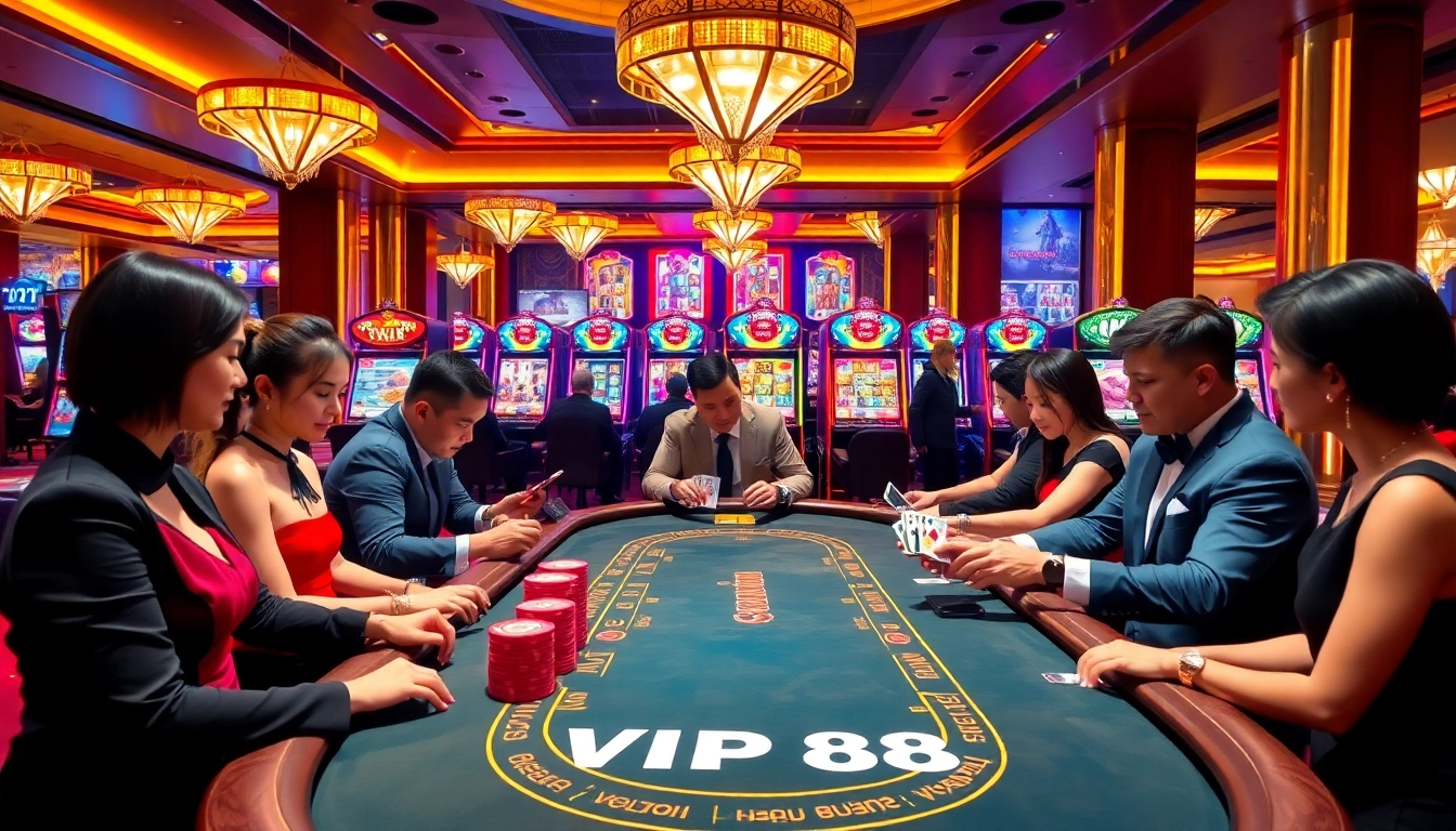 Experience the excitement at VIP88 casino with professional dealers and glowing slot machines.