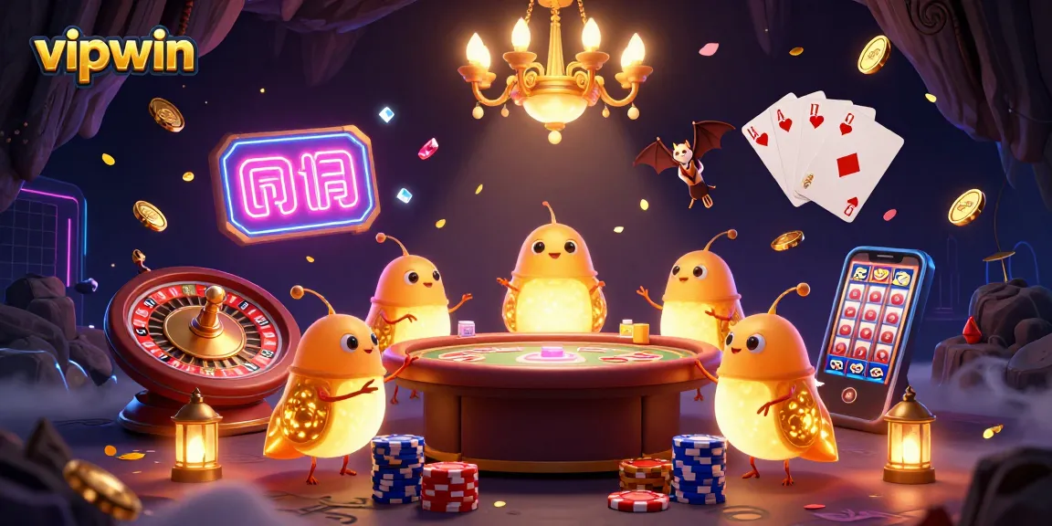 Experience thrilling gameplay at vipwin with glowworms illuminating a colorful casino scene.