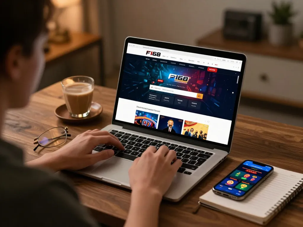 Gaming on F168's online casino platform with laptop and smartphone in a cozy home setting
