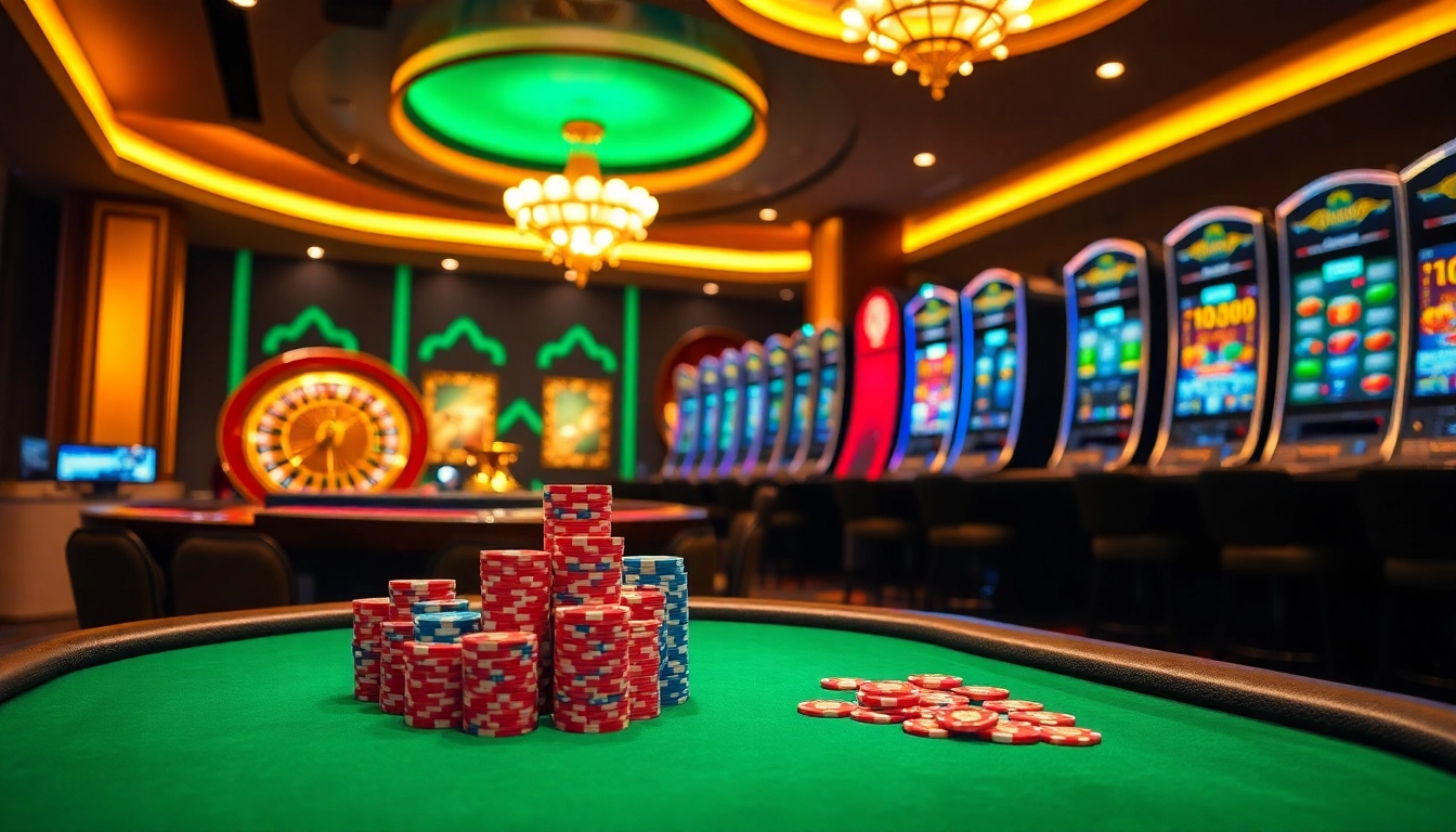Experience the thrill of poker at OK8386 casino with vibrant chips and a roulette wheel.