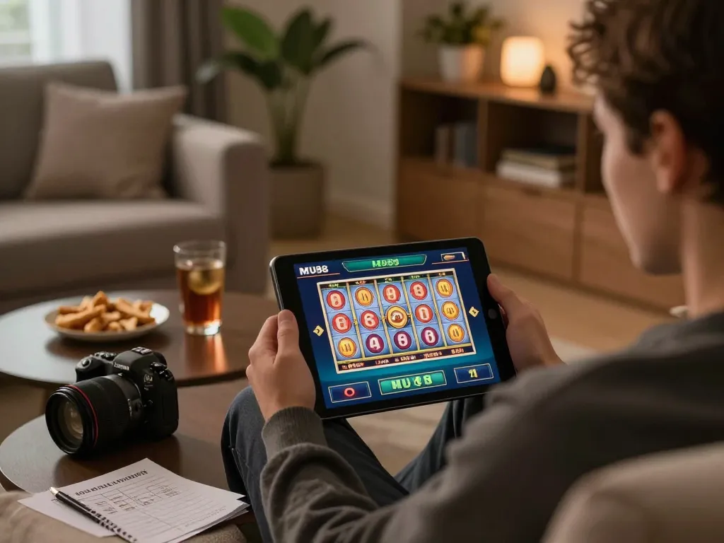 Engaging MU88 gameplay on tablet in cozy home setting, promoting responsible gambling.