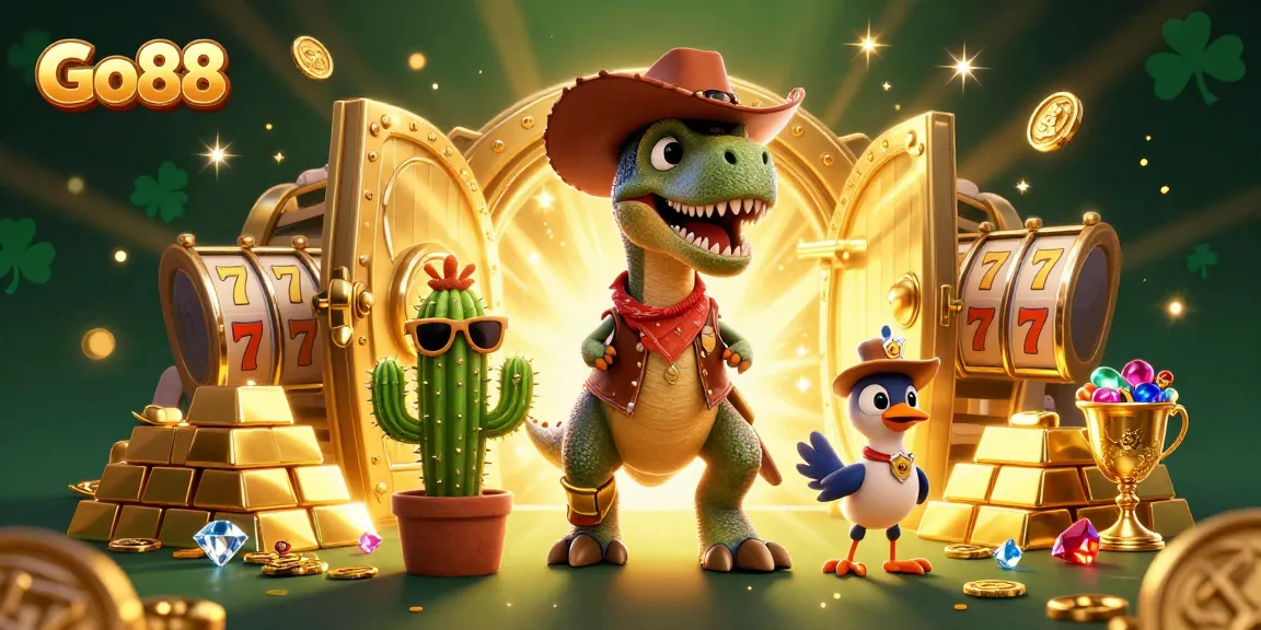 Engage with Go88's thrilling world as a cartoon dinosaur and friends discover treasures in a casino.