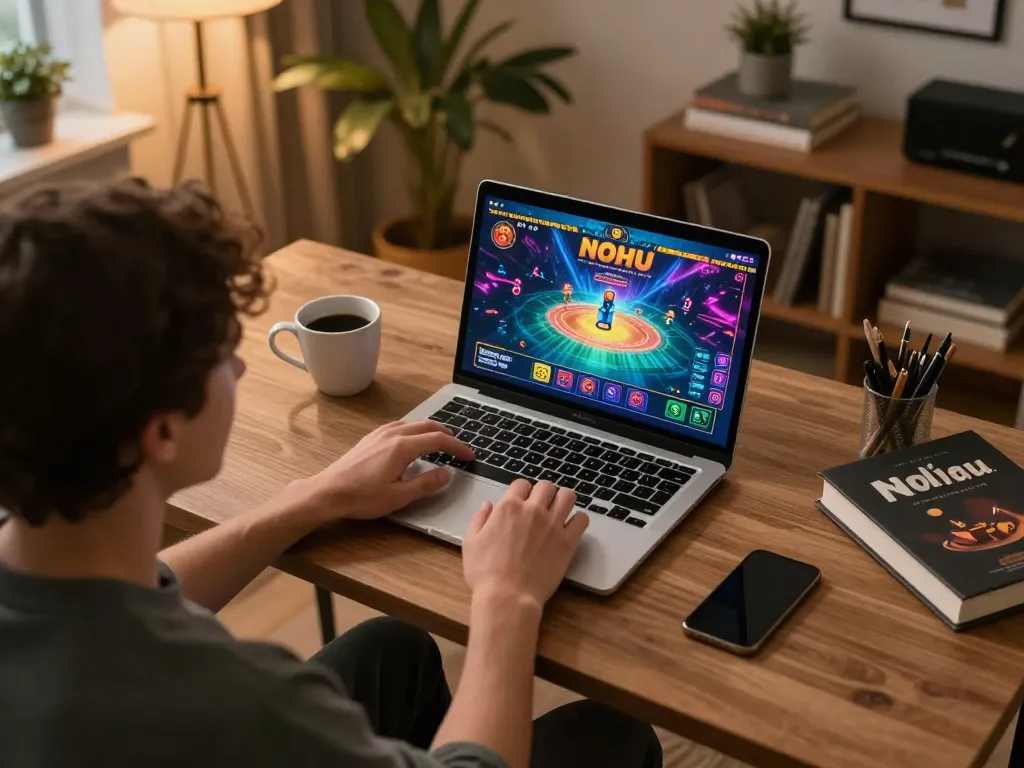 Engaged player enjoying nohu game on laptop, showcasing a cozy online casino environment.