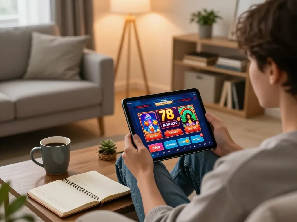 Engaging scene of a player using 78win app for online gaming in a cozy home setup.