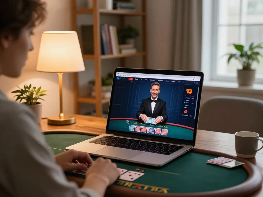 Player experiencing online gaming at nhà cái xibet with blackjack on their laptop, showcasing a strategic approach.