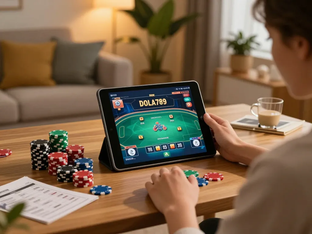 D-ola789 player engaging with tablet to strategize and win from home setting.