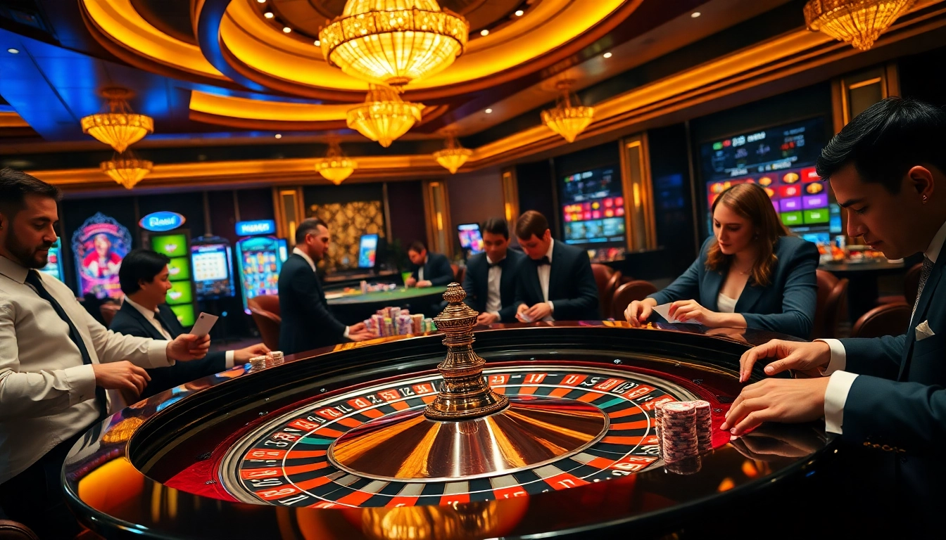 Excited players engaging with the ee88 casino scene, focused on winning at gambling tables.
