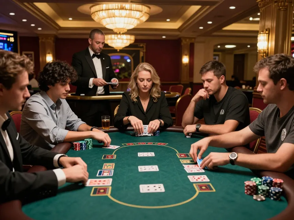 Fly88 players engaging in an exciting poker game, showcasing strategic gameplay at an upscale casino.