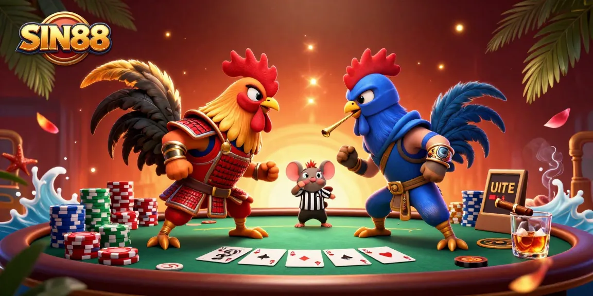 SIN88's dramatic standoff scene with fighting roosters, poker chips, and vibrant casino elements.