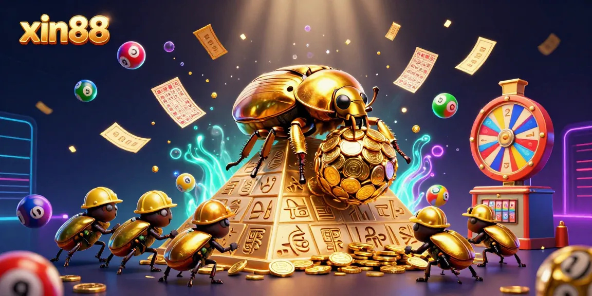 Engage with xin88's thrilling online gaming, featuring a golden dung beetle and vibrant casino elements.