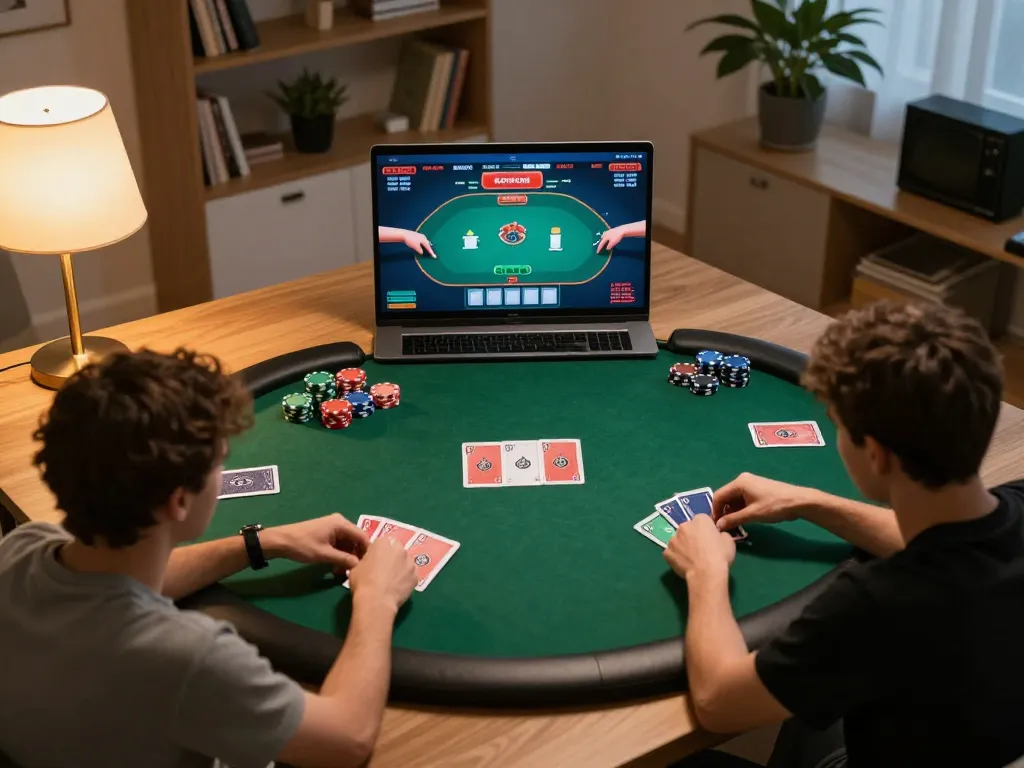 Engaging scene of online gaming featuring game bài đổi thưởng on laptop with players strategizing