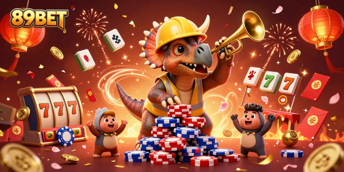 Experience thrilling gameplay at 89BET with a dynamic scene featuring a triceratops and exciting casino elements.
