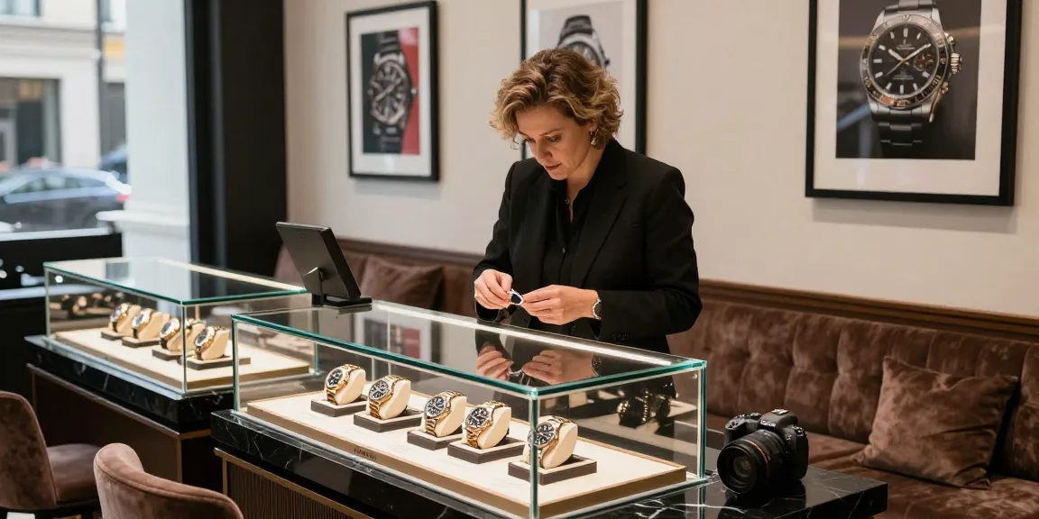 Stunning display of replica watches highlighting luxury craftsmanship in a boutique.
