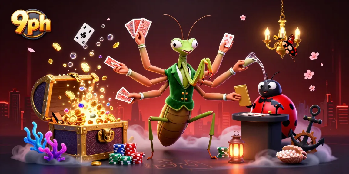 Experience excitement at 9ph with a vibrant casino scene featuring a giant mantis dealer and thrilling game elements.
