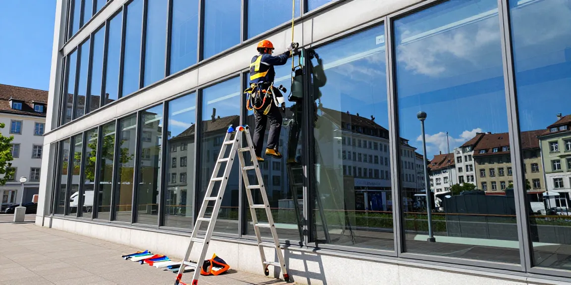 Professional window cleaning in Solothurn, showcasing fensterreinigung solothurn services in action under a bright sky.