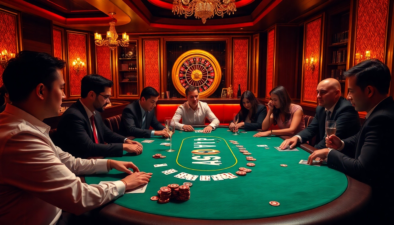 Experience the excitement at ta88 club with players engaged in a high-stakes poker game in a luxurious casino atmosphere.