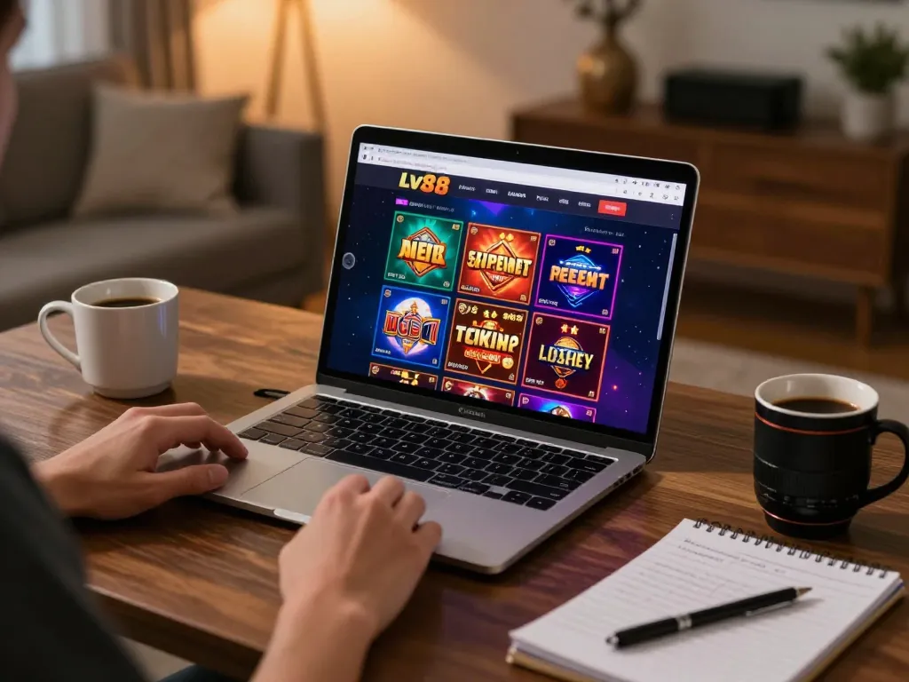 Player engaging in online gambling on lv88, showcasing a dynamic home gaming experience with strategy notes