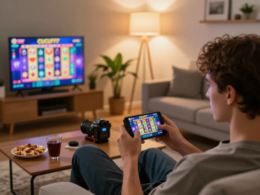 Engaged player enjoying CUCU777 slot games on mobile in cozy home setting, emphasizing responsible gaming.