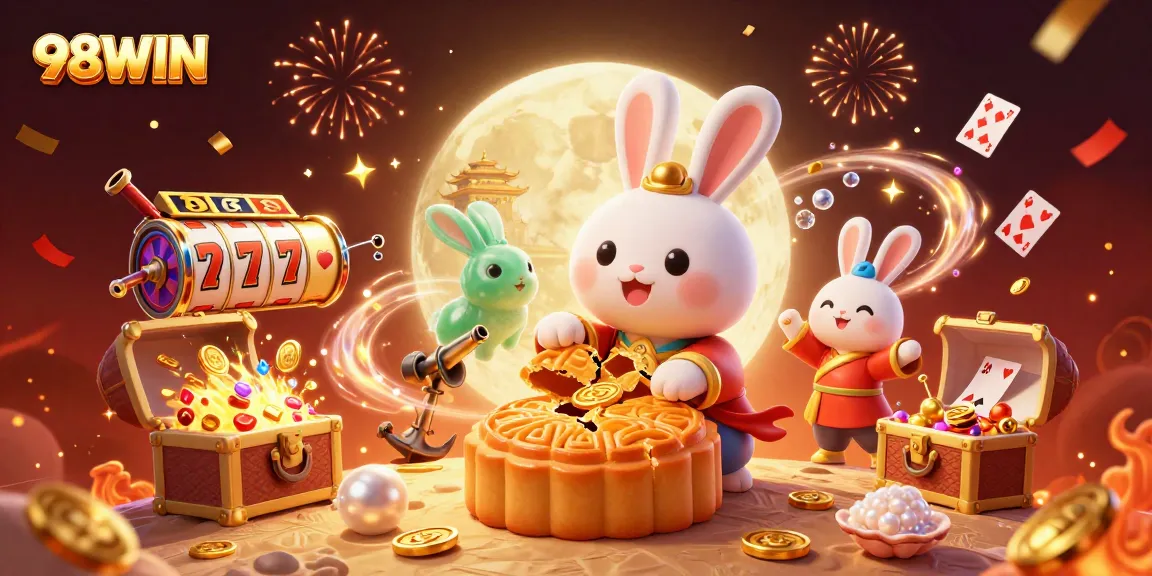 Experience the excitement of gambling with 98WIN as the moon rabbit reveals poker chips and jackpot riches.