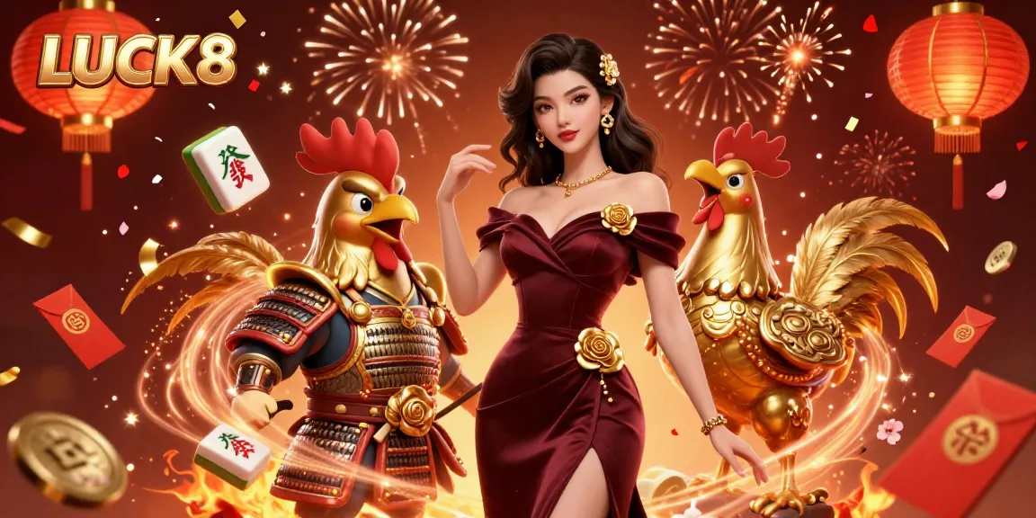 Experience the vibrant LUCK8 casino ambiance with dynamic characters and festive elements in a rich 3D illustration.