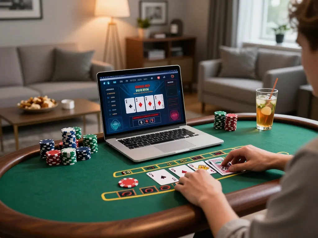 Engaging in live dealer blackjack at vipwin2, showcasing a cozy home gaming setup with warm lighting.
