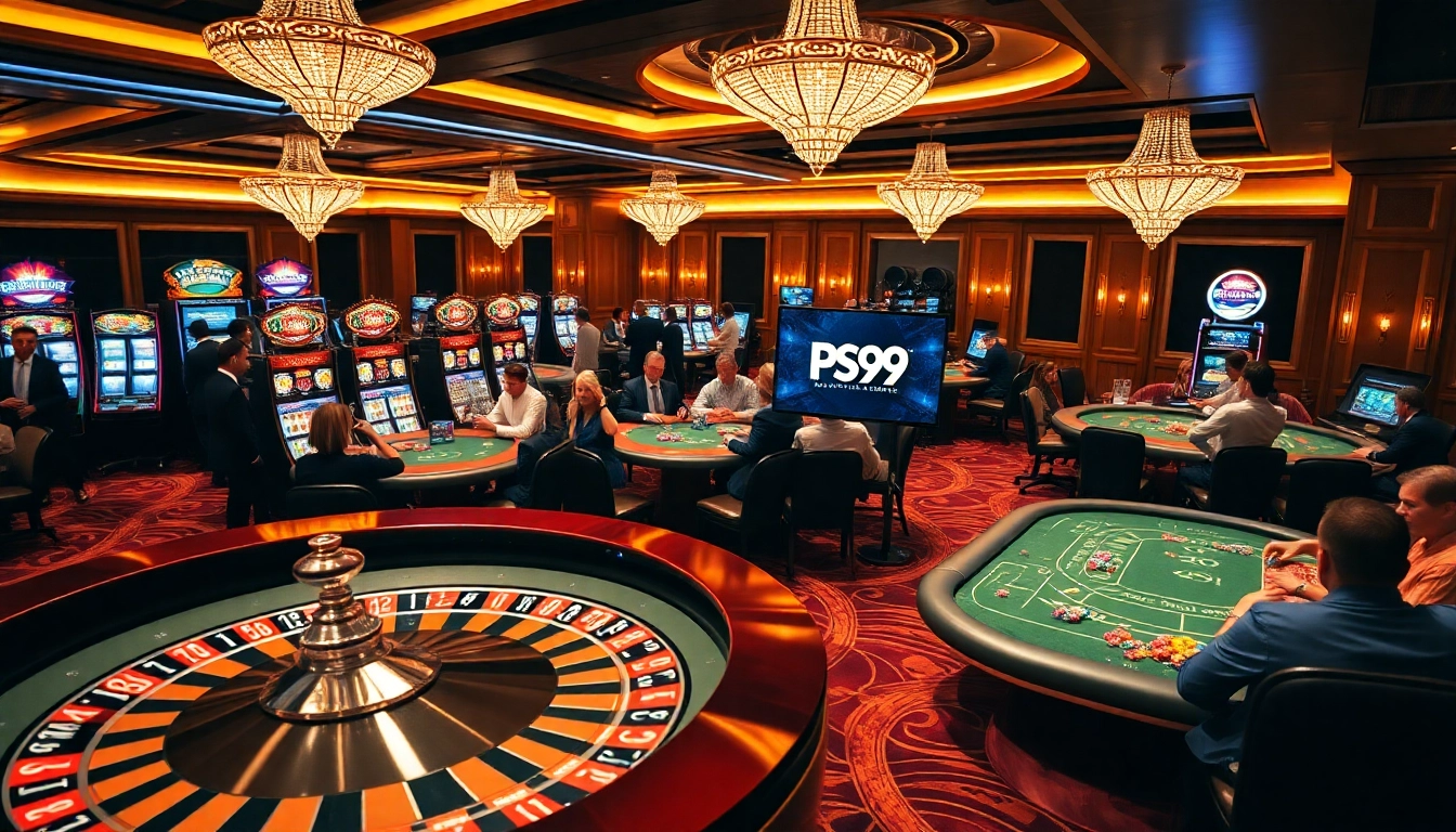 Exciting PS99 casino scene with poker tables and vibrant slot machines engaging players.