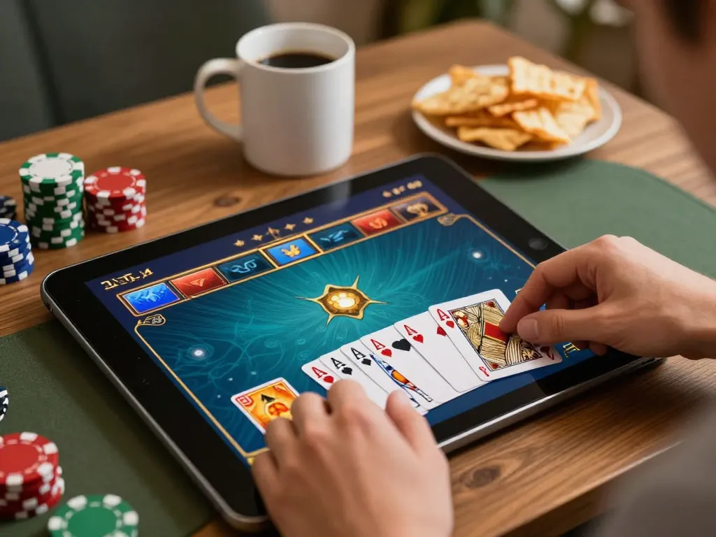 mb66 online poker game in a cozy home atmosphere, showing hand poised to play