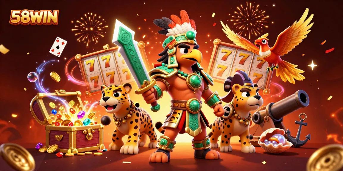 Bet on thrilling slots adventures with 58WIN featuring colorful 3D illustrations.